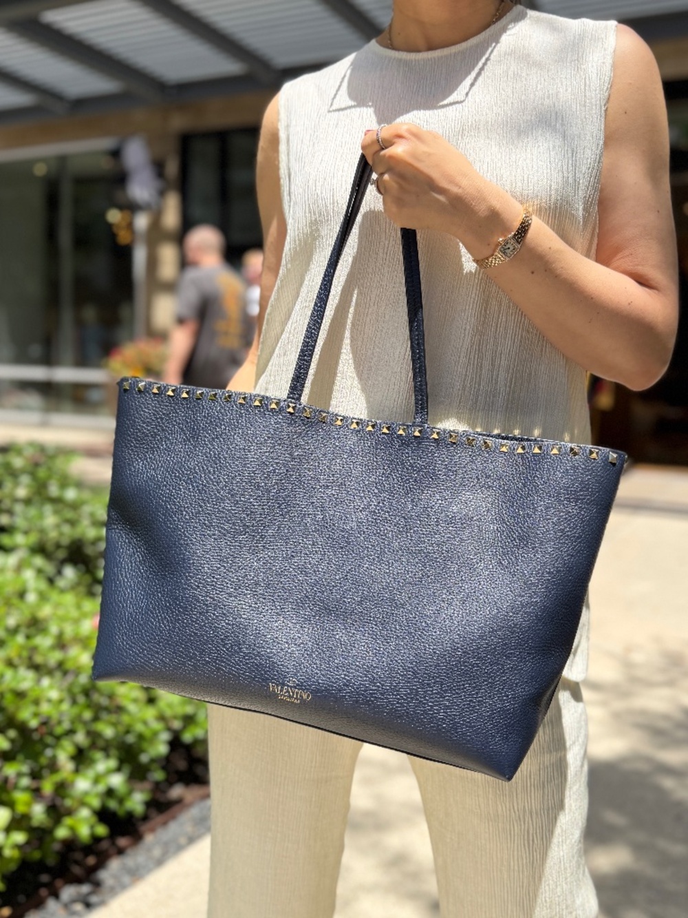 Valentino Garavani Rockstud Navy Blue Leather Tote Bag